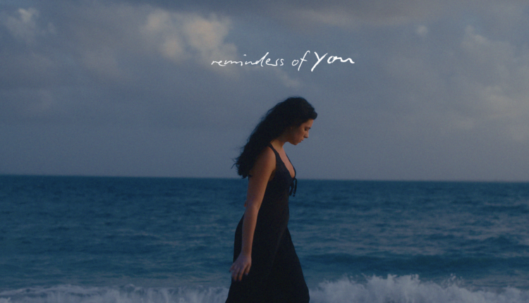 Savanna standing in a gloomy and dark ocean wearing a black v-neck dress. Text says 'Reminders of You' in white on above her.